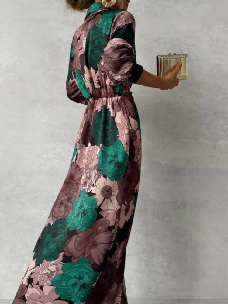 Women's Maxi Shirt Dress - Floral Print - Long Sleeve - Button-Down with Tie Waist