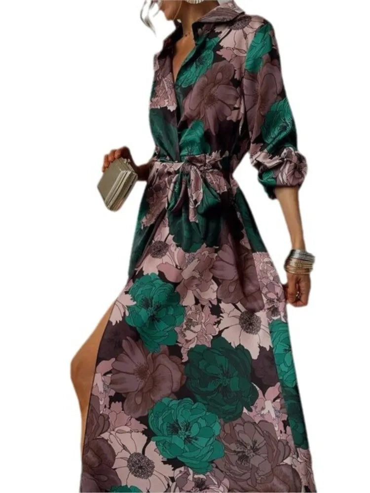 Women's Maxi Shirt Dress - Floral Print - Long Sleeve - Button-Down with Tie Waist