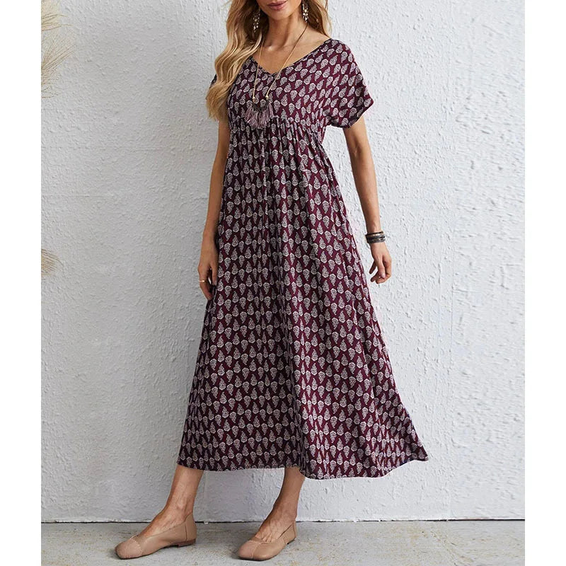Women's Maxi Dress - V-Neck - Short Sleeve - Empire Waist - Flowing A-Line Skirt