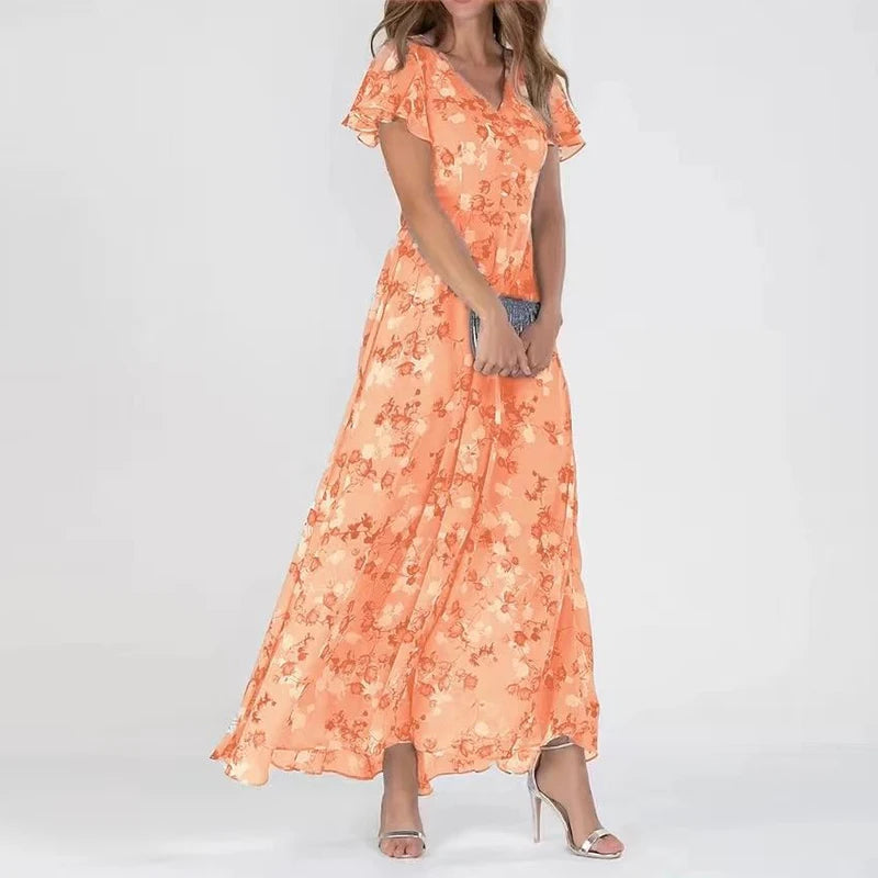 Women's Maxi Dress - Floral Print - V-Neck - Short Flutter Sleeves - Flowy Elegant Style