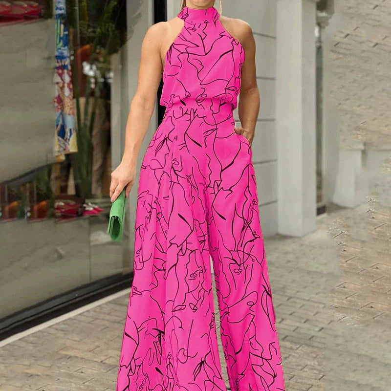 Women's Maxi Dress - Halter Neck - Abstract Print - Fitted Waist - Flowing Silhouette