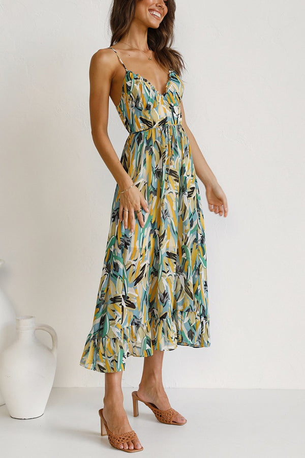 Women's Maxi Dress - Flowing Fit - Spaghetti Straps - Empire Waist - V-Neck Elegant Style