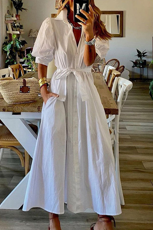 Women's Maxi Dress - Button Down - Puff Sleeves - Belted Waist - Classic Collar