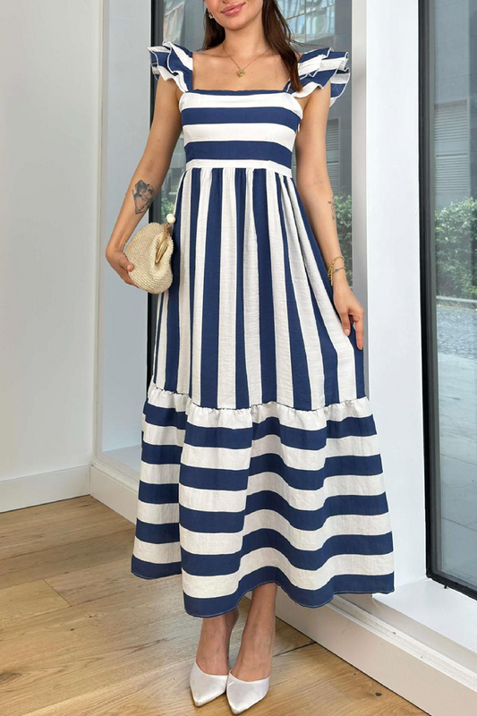 Women's Maxi Dress - Square Neck - Ruffle Straps - High Waist - Striped A-Line