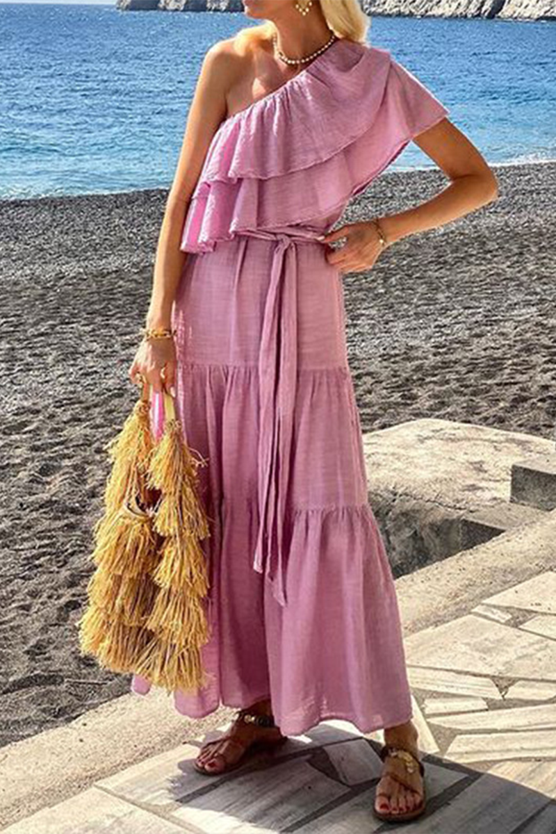 Women's One-Shoulder Maxi Dress - Ruffle Layered Neckline - Flowy Tiered Skirt