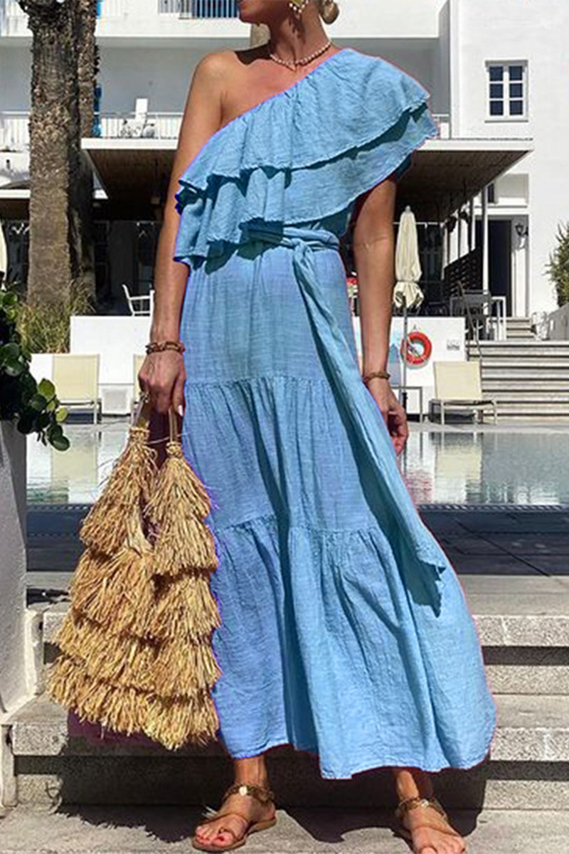 Women's One-Shoulder Maxi Dress - Ruffle Layered Neckline - Flowy Tiered Skirt