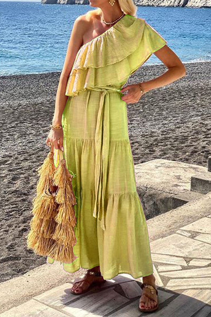 Women's One-Shoulder Maxi Dress - Ruffle Layered Neckline - Flowy Tiered Skirt