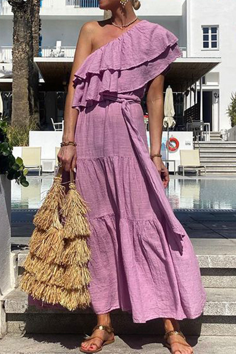 Women's One-Shoulder Maxi Dress - Ruffle Layered Neckline - Flowy Tiered Skirt