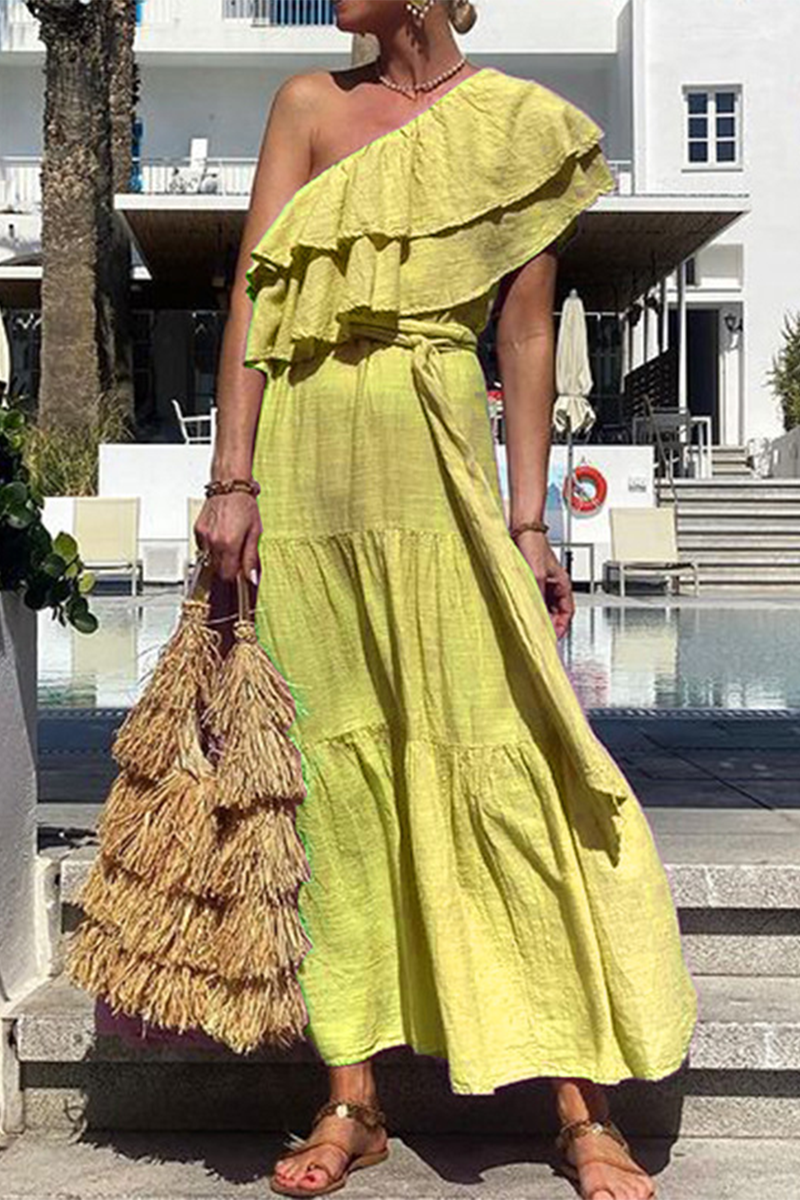 Women's One-Shoulder Maxi Dress - Ruffle Layered Neckline - Flowy Tiered Skirt