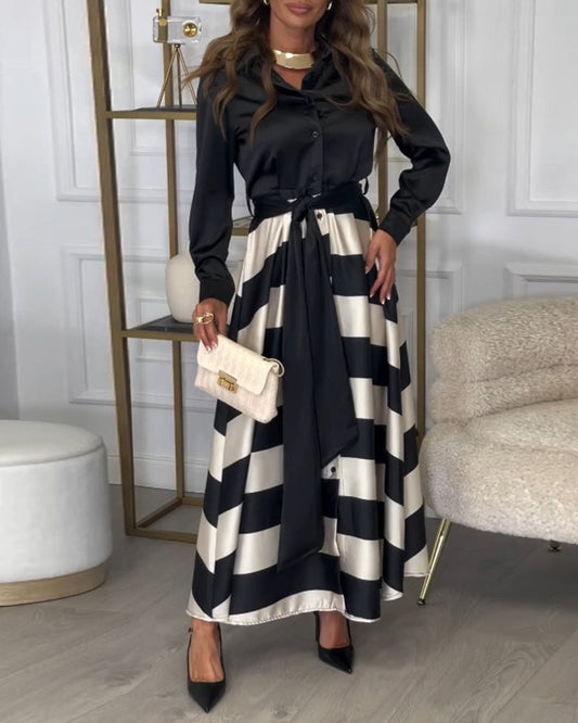 Women's Maxi Shirt Dress - Button-Up Long Sleeve - Striped Flowing Skirt - Belted Waist