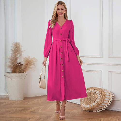 Women's Maxi Dress - V-Neck Button Down - Long Sleeve Tie Waist Flowy Fit