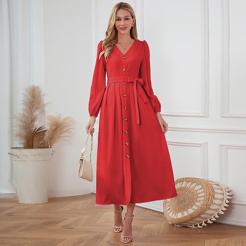 Women's Maxi Dress - V-Neck Button Down - Long Sleeve Tie Waist Flowy Fit