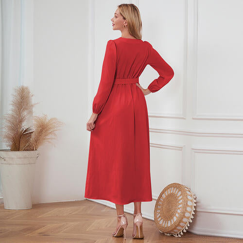 Women's Maxi Dress - V-Neck Button Down - Long Sleeve Tie Waist Flowy Fit