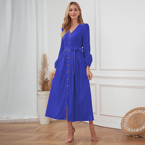 Women's Maxi Dress - V-Neck Button Down - Long Sleeve Tie Waist Flowy Fit