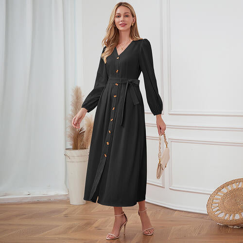 Women's Maxi Dress - V-Neck Button Down - Long Sleeve Tie Waist Flowy Fit