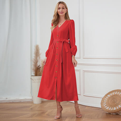 Women's Maxi Dress - V-Neck Button Down - Long Sleeve Tie Waist Flowy Fit