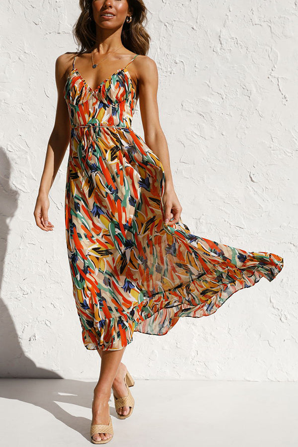 Women's Maxi Dress - Flowing Fit - Spaghetti Straps - Empire Waist - V-Neck Elegant Style