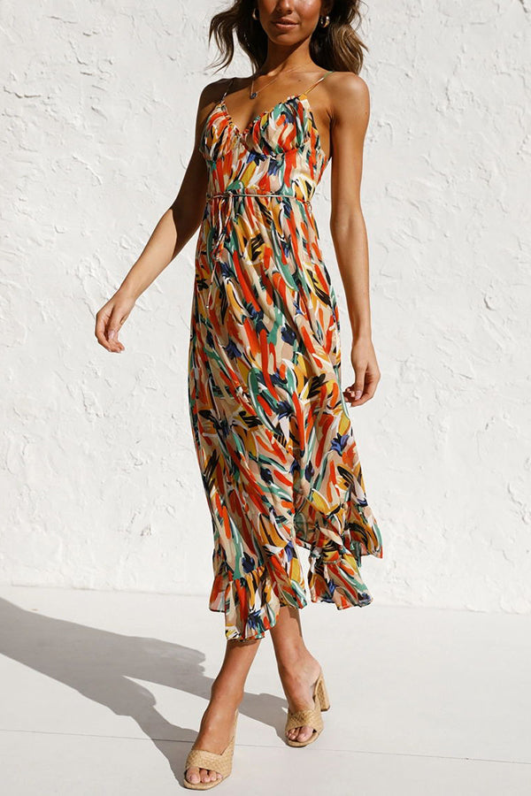 Women's Maxi Dress - Flowing Fit - Spaghetti Straps - Empire Waist - V-Neck Elegant Style