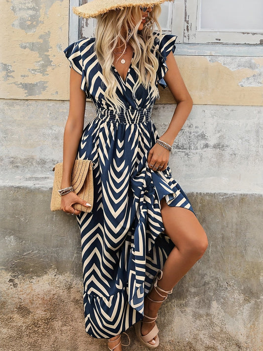 Women's Maxi Dress - Chevron Print - V-Neck Cinched Waist - Flutter Sleeve - Slit Hem