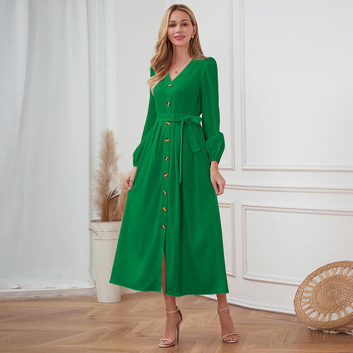 Women's Maxi Dress - V-Neck Button Down - Long Sleeve Tie Waist Flowy Fit