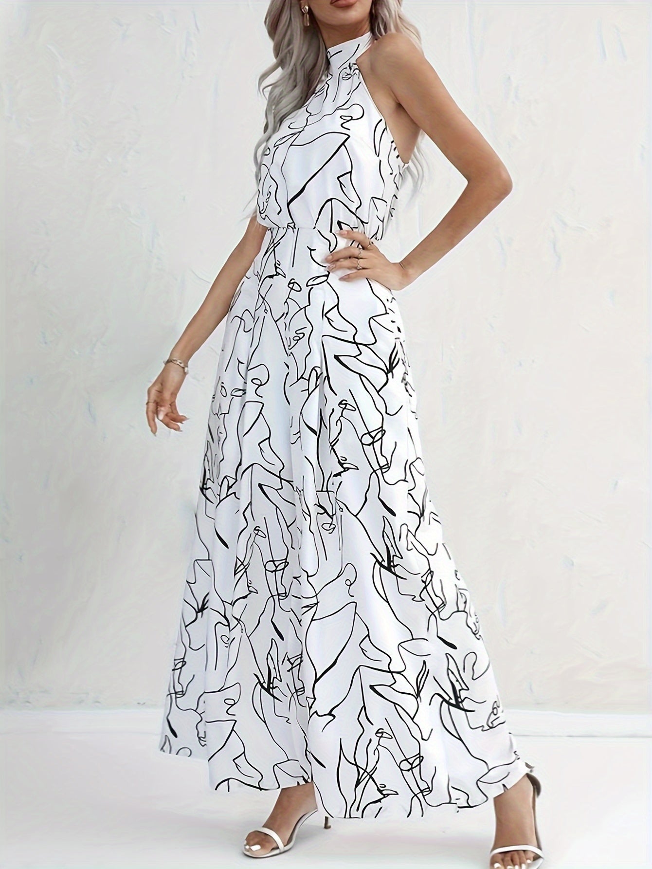 Women's Maxi Dress - Halter Neck - Abstract Print - Fitted Waist - Flowing Silhouette