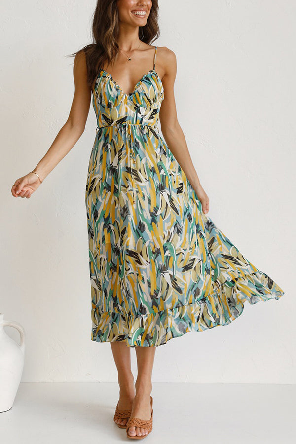 Women's Maxi Dress - Flowing Fit - Spaghetti Straps - Empire Waist - V-Neck Elegant Style