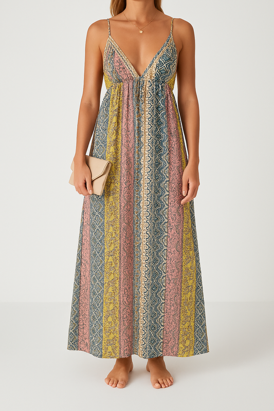 Women’s Maxi Dress – Cotton Blend – Relaxed Fit – V-Neck – Open Back – Printed