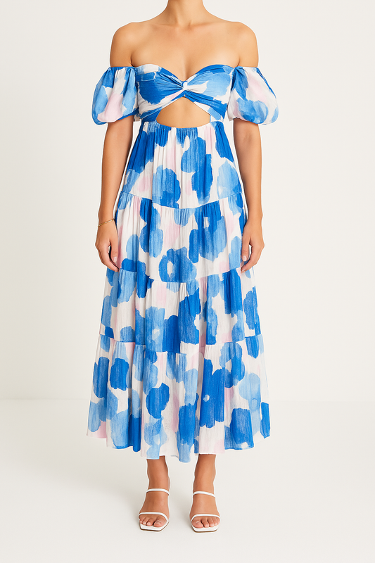Women’s Maxi Dress – Fit and Flare – Puff Sleeve – Cut-Out Bodice – Tiered Skirt – Printed