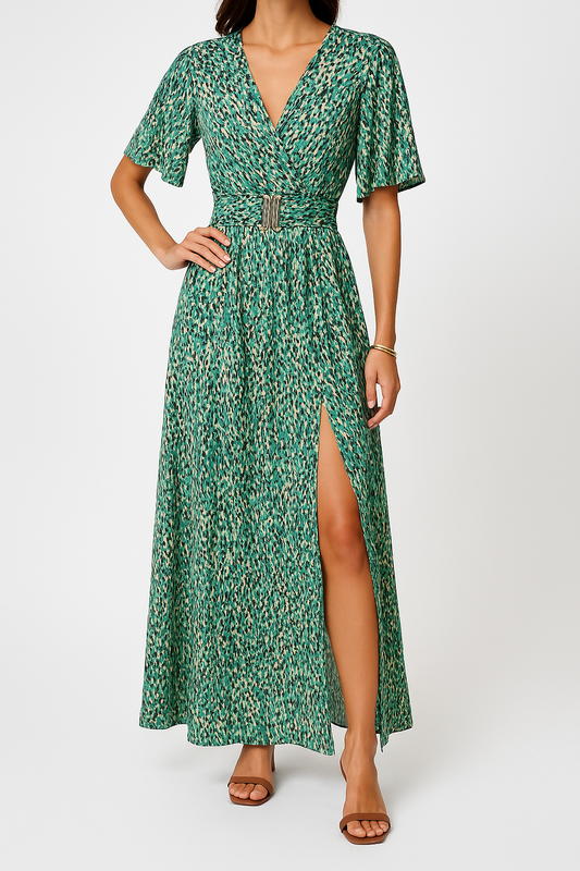 Women’s Maxi Dress – Wrap V-Neck – Belted Waist – Short Sleeve – Side Slit Flowing Fit