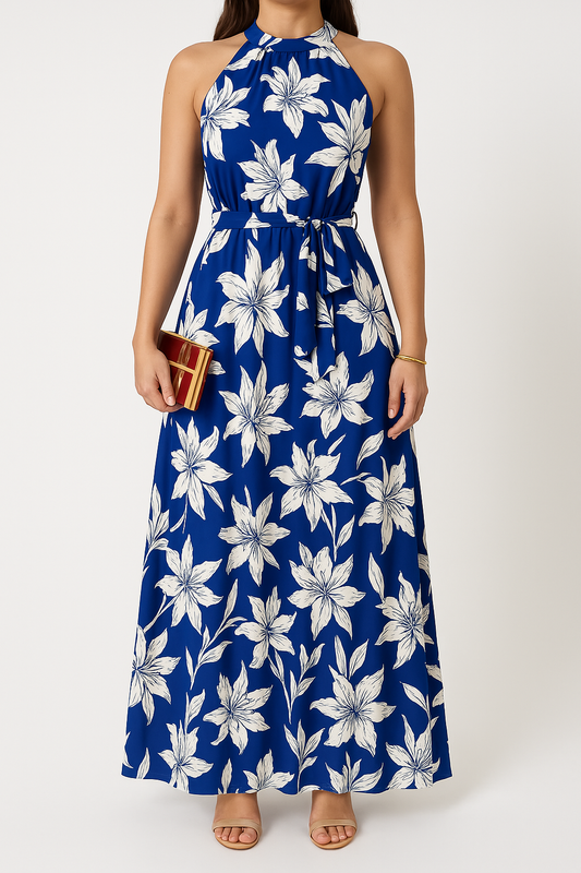 Women’s Halter Maxi Dress – Floral Print – Ruffled Hem – Waist Tie – Elegant Fit