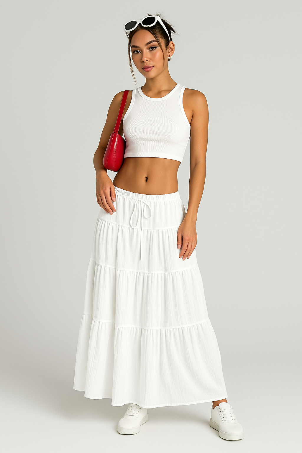 Women’s Long Skirt – Cotton Blend – A-Line Fit – Tiered – Drawstring Waist