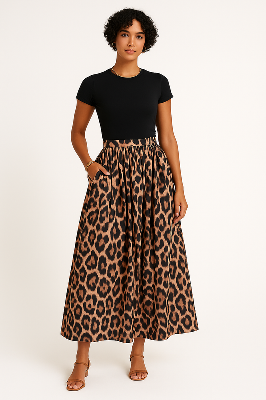 Women’s Pleated Maxi Skirt – Flared Fit – Flowing Lightweight Fabric – Leopard Print