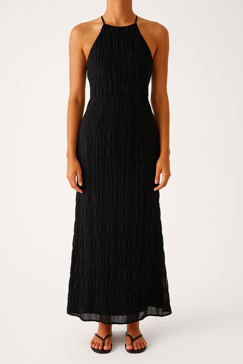 Women’s Maxi Dress – Halter Neck – Ruched Detail – Open Back – Formal Evening Wear