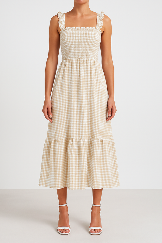 Women’s A-Line Dress – Smocked Bodice – Spaghetti Straps – Tiered Maxi – Checkered