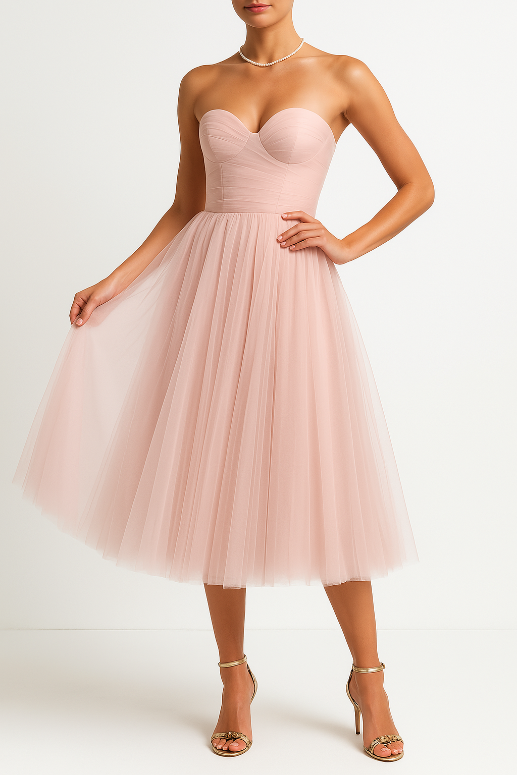 Women’s Strapless Tulle Gown – Sweetheart Neckline – Fitted Bodice – Midi A-Line