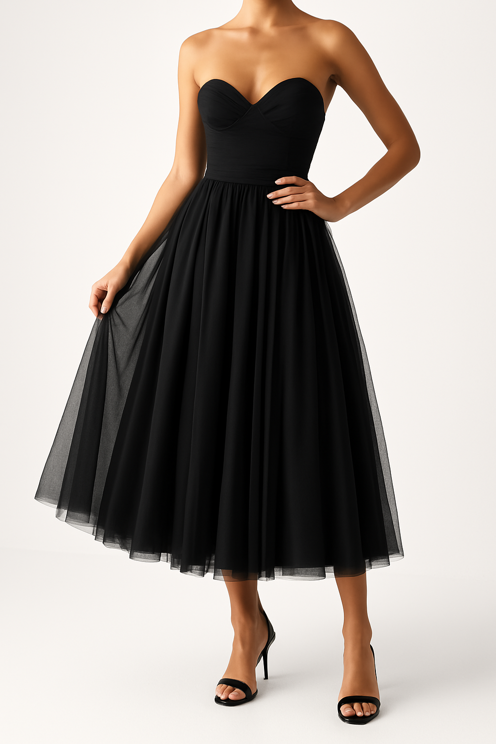 Women’s Strapless Tulle Gown – Sweetheart Neckline – Fitted Bodice – Midi A-Line