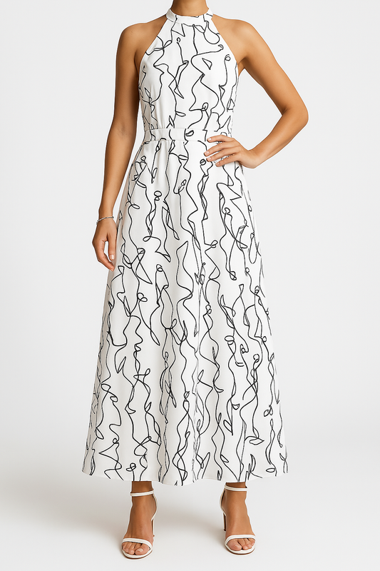 Women's Maxi Dress - Halter Neck - Abstract Print - Fitted Waist - Flowing Silhouette