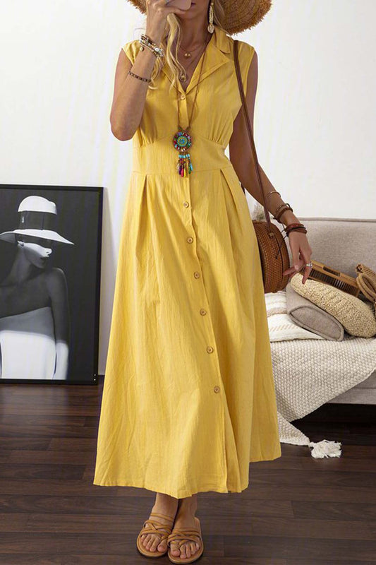 Women's Maxi Dress - Sleeveless Button-Down - V-Neck Collared - A-Line Flowy Fit