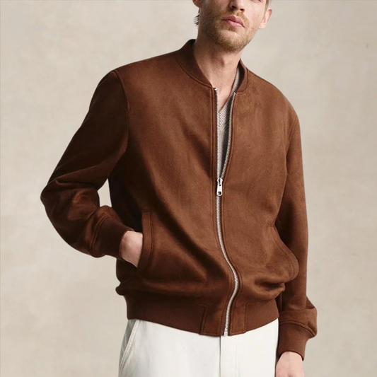 Men’s Bomber Jacket – Suede – Regular Fit – Zip Front – Ribbed Trim – Smart Casual