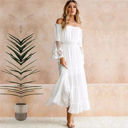 Women's Off-Shoulder Maxi Dress - Lace Detail - Flowy Fit - Long Sheer Sleeves