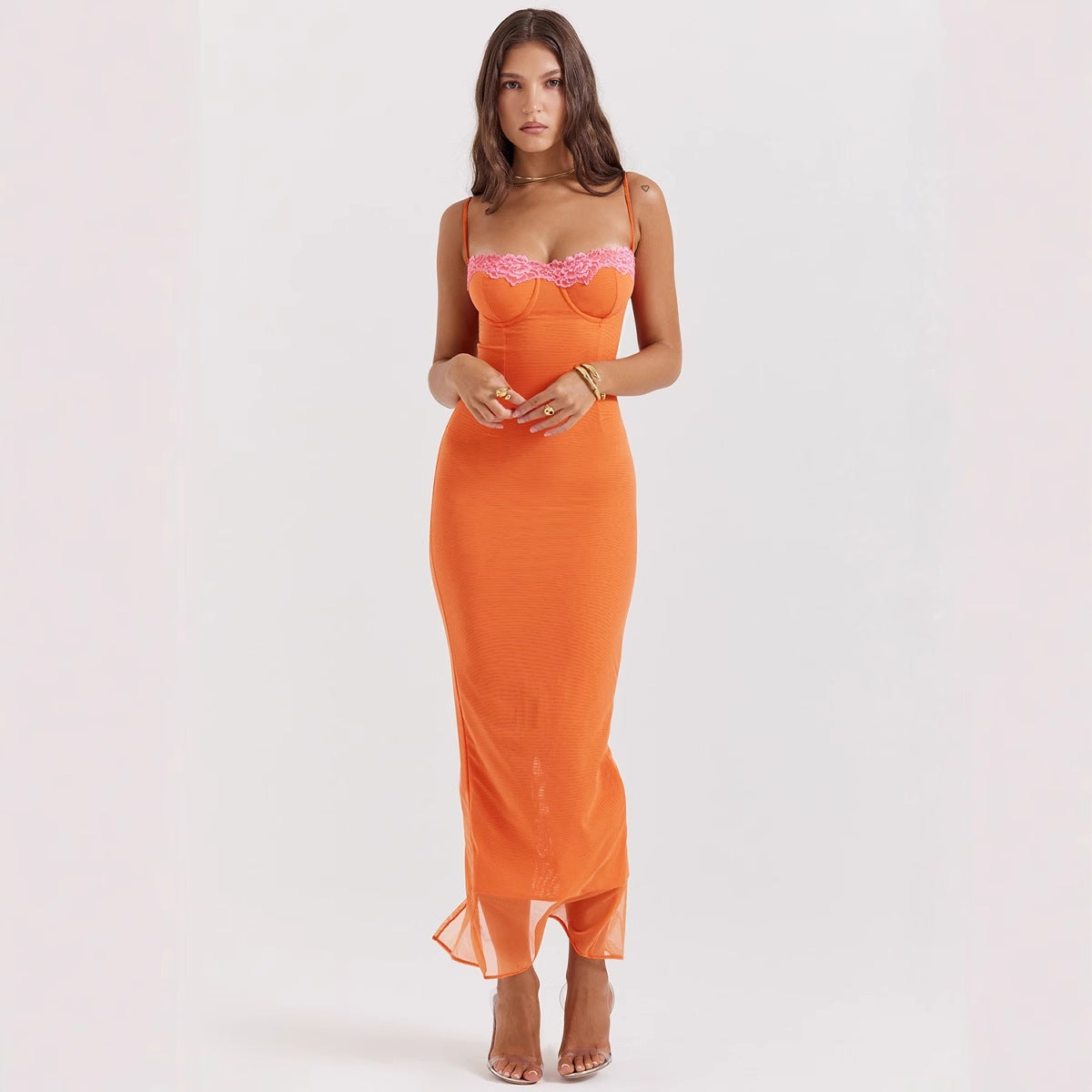 Women’s Maxi Dress – Slim Fit – Lace Trim – Bustier Top – Spaghetti Straps – Sheer Hem
