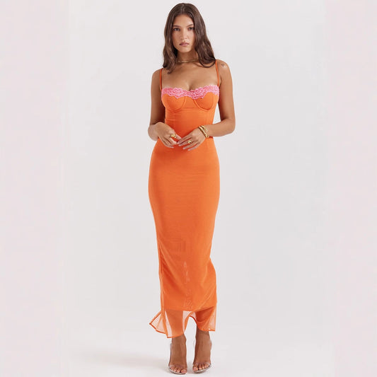 Women’s Maxi Dress – Slim Fit – Lace Trim – Bustier Top – Spaghetti Straps – Sheer Hem