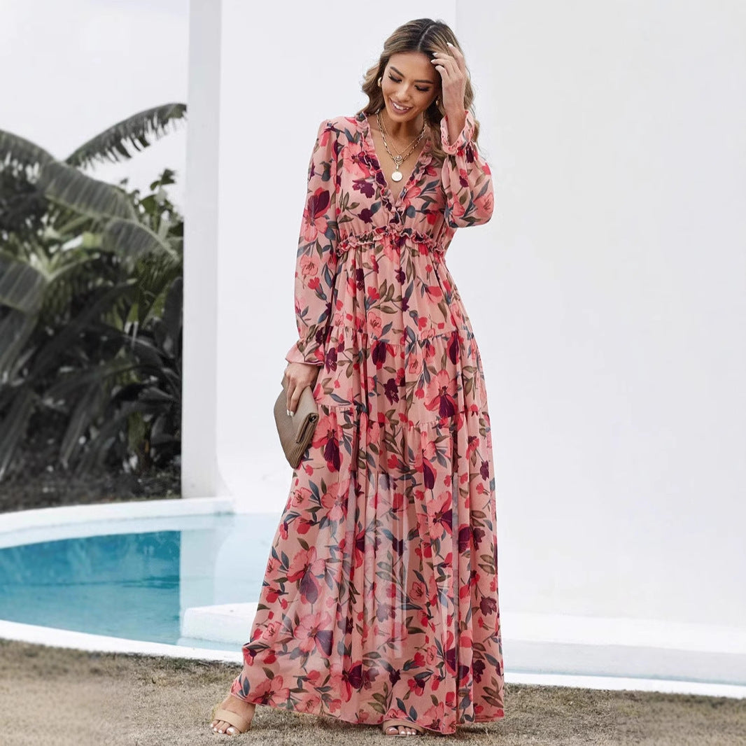 Women’s Maxi Dress – Chiffon – Bohemian Fit – V-Neck – Long Sleeve – Floral Print