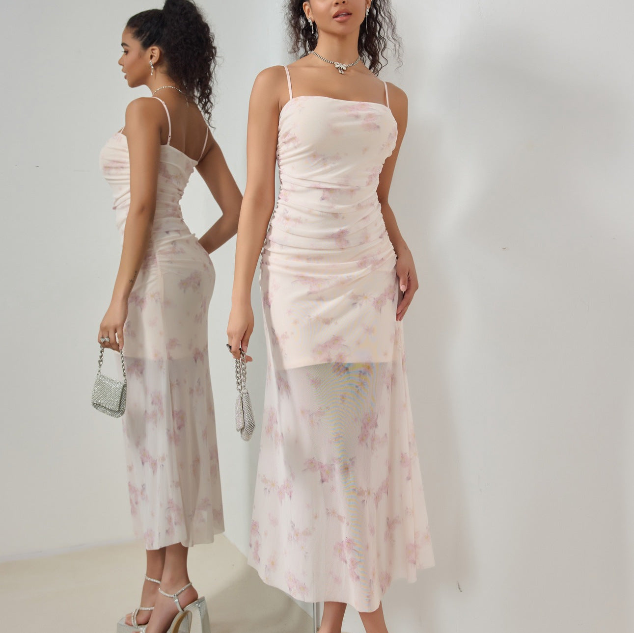 Women’s Maxi Dress – Slim Fit – Sheer Lightweight Fabric – Ruching – Mermaid Hem – Delicate Straps