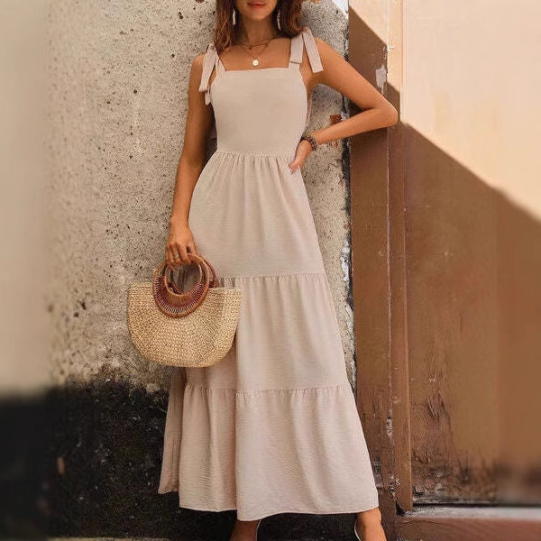 Women’s A-Line Dress – Lightweight Cotton – Tiered Midi – Adjustable Straps – Sleeveless