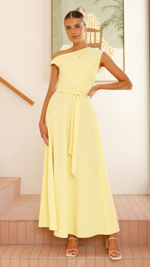 Women’s Maxi Dress – One-Shoulder Neckline – Waist Tie – Flowing Elegant Fit