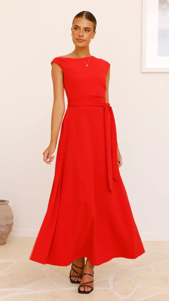 Women’s Maxi Dress – One-Shoulder Neckline – Waist Tie – Flowing Elegant Fit