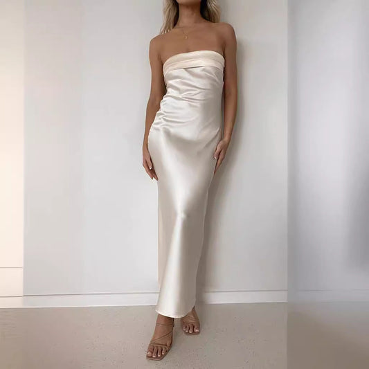 Women’s Maxi Dress – Strapless Satin – Slim Fit – Formal Evening Wear
