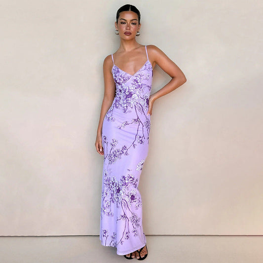 Women’s Maxi Dress – Satin Blend – Slim Fit – V-Neck Spaghetti Straps Floral Print