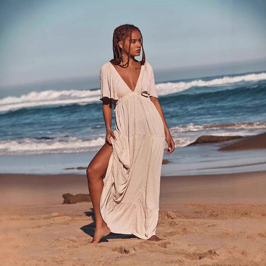 Women’s Maxi Dress – Lightweight Cotton Feel – V-Neck – Open Back – Side Slit